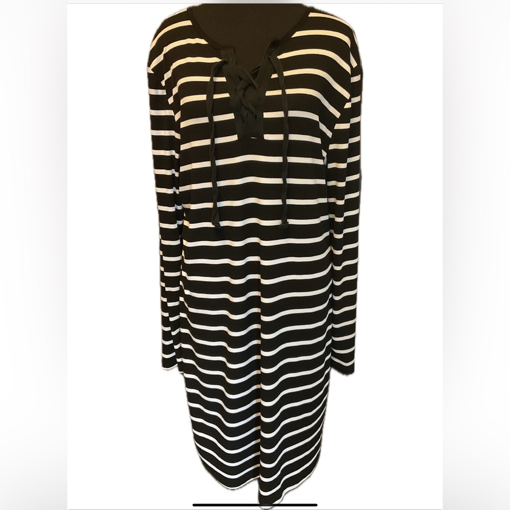 OXYGEN Casual Super Soft Stretchy Black and White Striped Lace-Up Dress